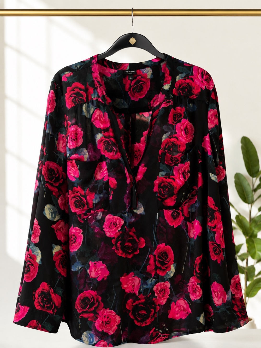 torrid Black Blouse with Bright Pink Rose Print